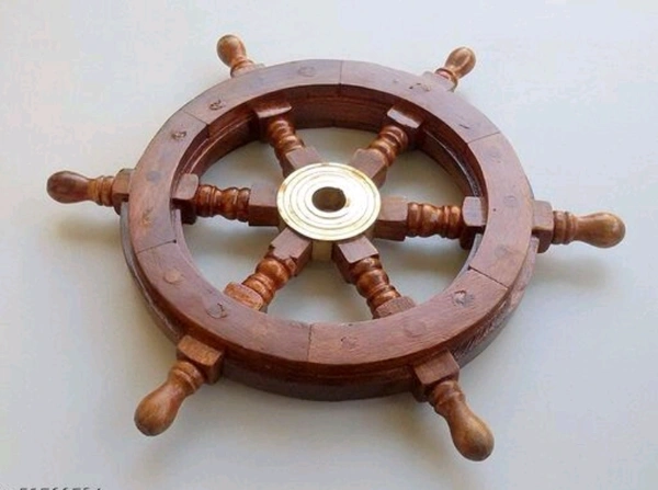 Wooden Wall Decore  Hanging   Its center is fitted with a golden brass hub - 12inch,   Wooden,  Ship Wheel,  Pack of 1